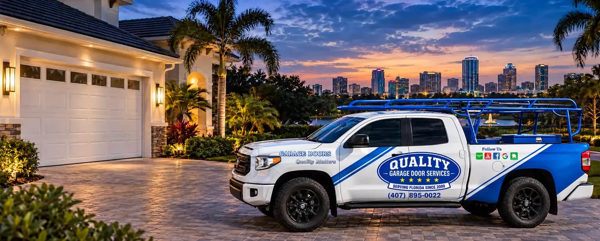 Quality Garage Door Services Orlando truck near a garage at sunset